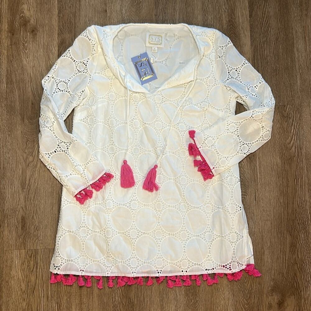 NWT Sail To Sable Eyelet Tunic Dress White & Pink Tassel Medium